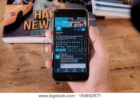 Chiangmai Thailand -jan 162017:iphone 6s Open Twitter App.twitter Is An Online Social Networking And