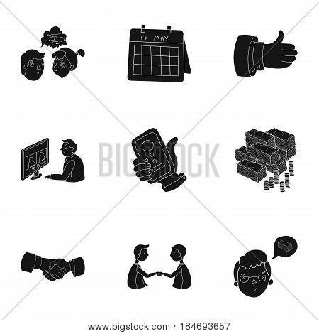 A set of pictures about the transaction, work, office. Office center, analytics.Business conference and ntgotiations icon in set collection on black style vector symbol stock web illustration.