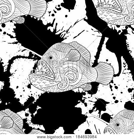 Oceanic animals zentangle seamless pattern. Hand drawn tile texture with fish for coloring book. Template for textile, wrapping or print. Antistress colouring page for grown ups. Vector illustration