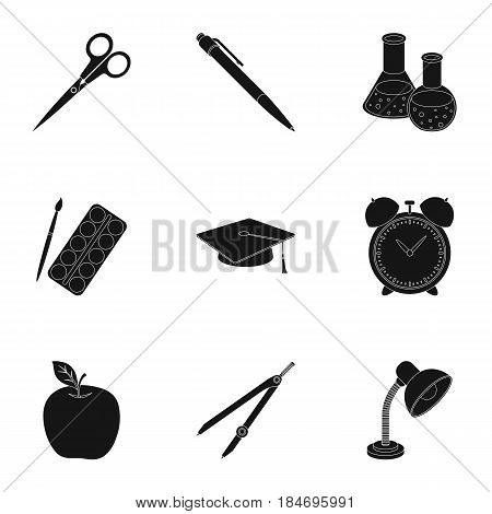 Set of pictures about the school. Study training. Supplies for school.Outfit of the student. School and eduacation icon in set collection on black style vector symbol stock web illustration.