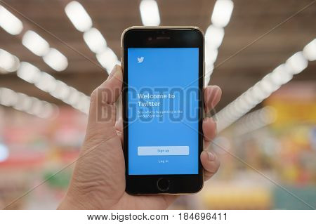CHIANGMAI THAILAND -March 302017:Iphone 6s open Twitter app.Twitter is an online social networking and microblogging service that enables users to send and read 