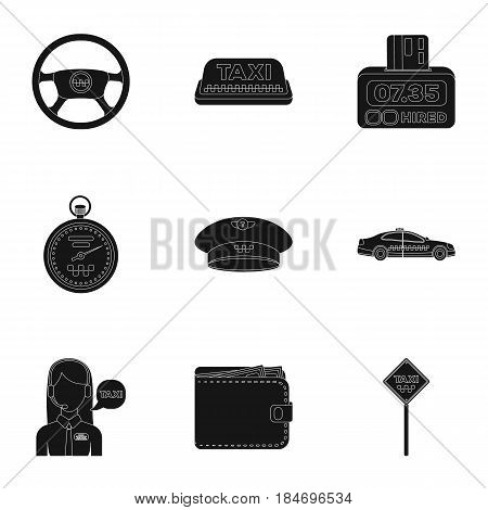 Set of icons about the taxi. A call taxi driver, Parking. Transportation around the city.Taxi icon in set collection on black style vector symbol stock web illustration.