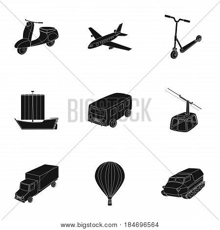 Set of pictures about types of transport. Transportation of people, cargo. Ground, underwater, air transport. Transport icon in set collection on black style vector symbol stock web illustration.
