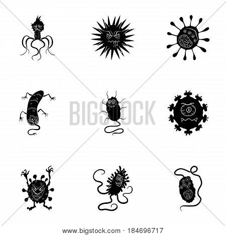 A set of pictures about bacteria and viruses. Germs that are harmful to humans. viruses and bacteria icon in set collection on black style vector symbol stock web illustration.
