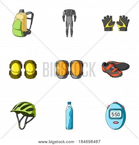 Icons of Cycling, bike. Set for bike, backpack protection, repair, form. Cyclist outfit icon in set collection on cartoon style vector symbol stock web illustration.