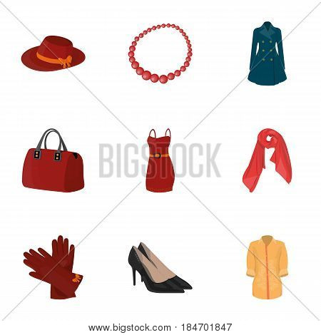 Pictures about types of women's clothing. Outerwear and underwear for women and girls. Woman clothes icon in set collection on cartoon style vector symbol stock web illustration.