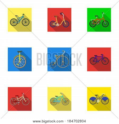 Collection of bikes with different wheels and frames. Different bikes for sport and walks.Different bicycle icon in set collection on flat style vector symbol stock web illustration.
