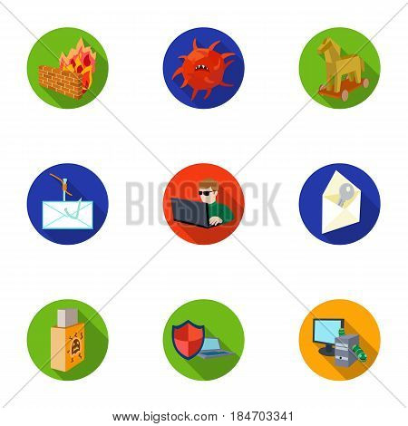 A selection of icons about protection and breaking. Modern technology of protection against breaking. Hackers and hacking icon in set collection on flat style vector symbol stock web illustration.