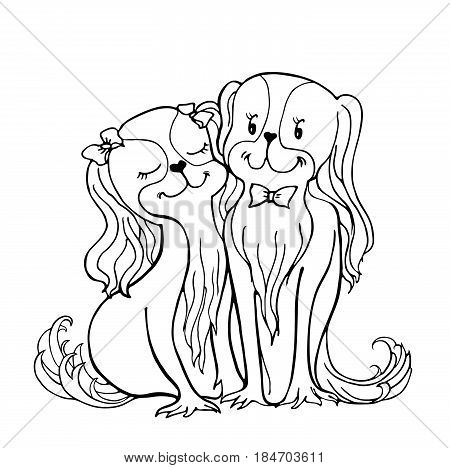 Cute card with  funny dog breed Cavalier King Charles spaniel , lovers  cartoon sketch, very sweetly and gentle, affectionate and charming, full of love, little animals  wedding vector black in white background