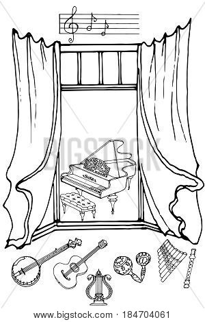 outline a set of musical instruments piano, harp, lyre, guitar, banjo, maracas, fife, flute, color black in white background vector