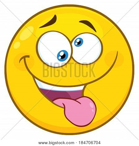 Mad Yellow Cartoon Face Character With Crazy Expression And Protruding Tongue. Illustration Isolated On White Background