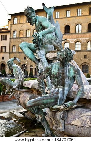 Bronze statue detail of Neptune Fountain in Florence, situated on the Piazza della Signoria , sculptor Bartolomeo Ammannati 1563-1565.