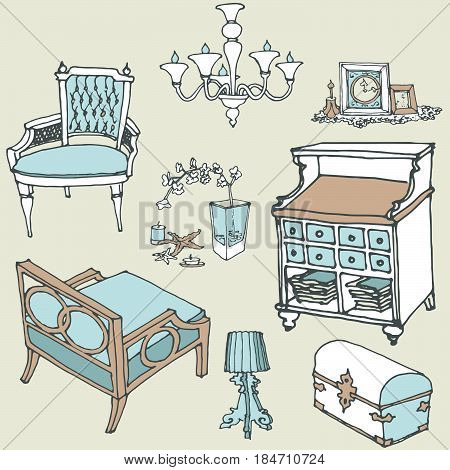 sketch of a set of furniture and decor