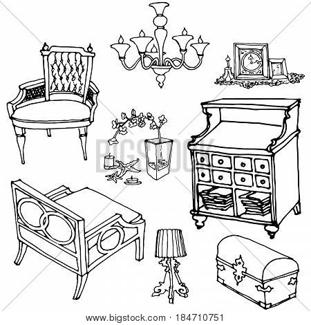 sketch of a set of furniture and decor in style classical rural