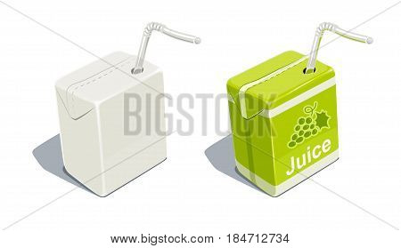 Cardboard pack with tube blank and for grapes juice. Beverage Package. Packaging healthy food. Container natural fruit sap. isolated white background. Eps10 vector illustration.