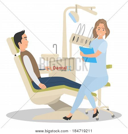 Patient on reception in the office of a dentist. Vector illustration of a flat design. on white background.