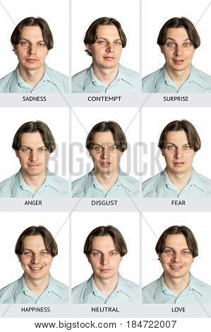 A full chart of human microexpressions. A Caucasian male showing sadness, contempt, surprise, anger, disgust, fear, happiness, love, and a neutral expression
