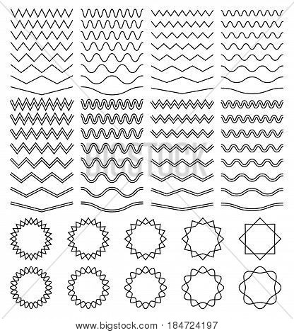 Curvy waves and zigzag striped lines and round jagged frames vector set. Wave line and zigzag lines element illustration