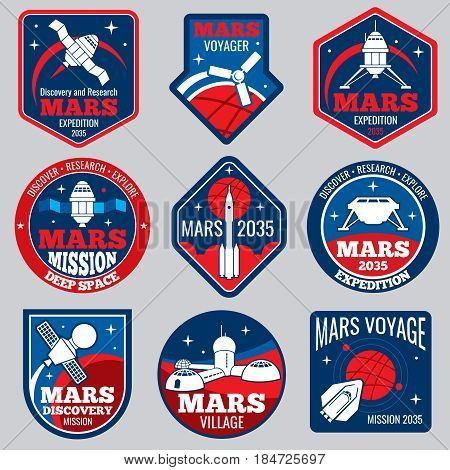 Mars colonization vector retro space logos and labels set. Exploration mars planet logo, emblem travel to mars illustration