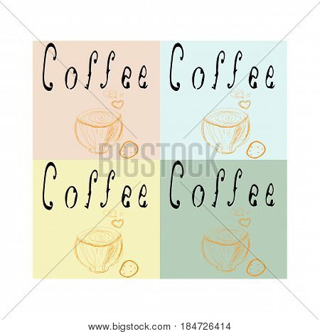 cup of coffee, coffee and cookie, four colors, black text, logo