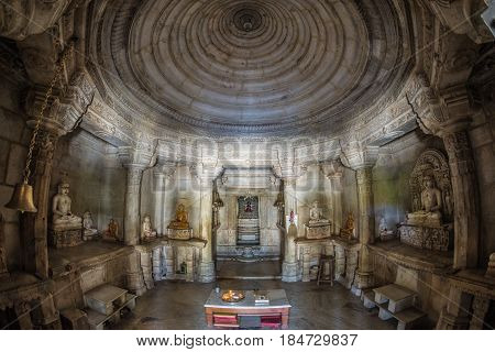 Ranakpur, India - February 2, 2017: Ranakpur Temple, fisheye interior view. Beautifully carved building, important worship place for Jainism in Rajasthan, India.