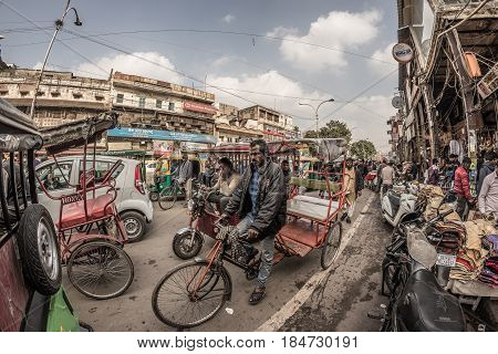 Delhi, India - January 27, 2017: Ordinary Crowdy City Life At Chandni Chowk, Old Delhi, Famous Trave