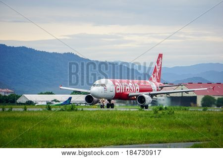 Kota Kinabalu,Sabah-June 18,2016:AirAsia aircraft landed at Kota Kinabalu International Airport in Kota Kinabalu,Sabah.AirAsia Berhad is a Malaysian low cost airline headquartered near Kuala Lumpur,Malaysia.