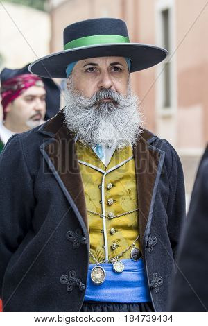 CAGLIARI, ITALY - MAY 1, 2017: 361 Religious procession of Sant'Efisio - portrait of a man in traditional Sardinian costume - Sardinia