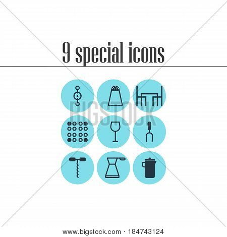 Vector Illustration Of 9 Kitchenware Icons. Editable Pack Of Wine, Cooker, Steelyard And Other Elements.