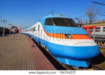Moscow, Russia - April 1.2017. Sokol 250 is experienced Russian high-speed train in Museum of History of a Railway Transport Development