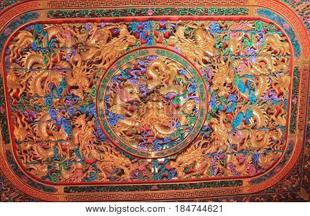 TAINAN TAIWAN - DECEMBER 12, 2016: Luermen Tianhou Matsu temple ceiling Buddhism design.