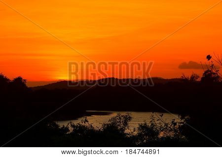 sunset beautiful and silhouette mountain tree colorful landscape in sky twilight time