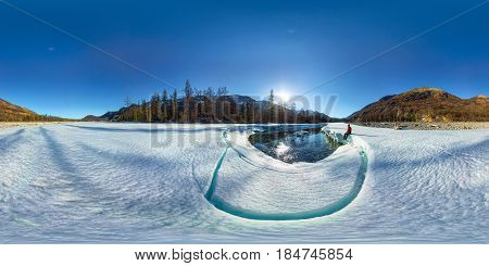 Spherical 360 180 Panorama Of A Man On An Ice Melting River
