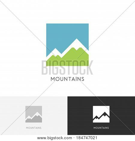 High mountains logo - peaks with snow and blue sky symbol. Nature and tourism vector icon.