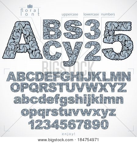 Floral font and numbers hand-drawn vector alphabet letters decorated with botanical pattern. Black and white ornamental typescript and numeration from 0 to 9 vintage design.
