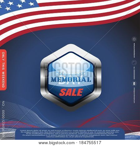 Memorial Day Sale vector poster with blue metal label and shadow on the dark blue background with american flag waves contacts.