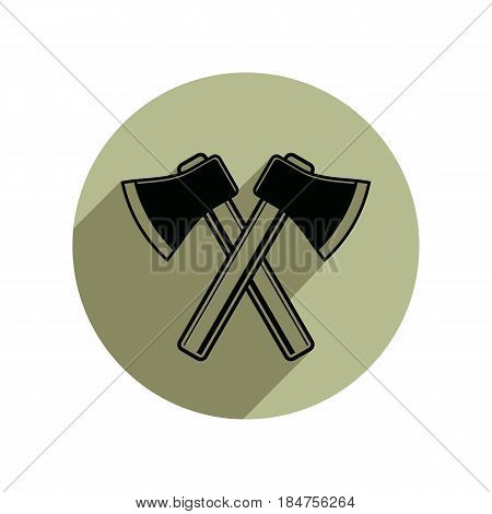 Two sharp axes crossed. Woodcutter tool simple hatchet symbol isolated on white. Lumberjack instrument vector icon can be used in advertising and design.