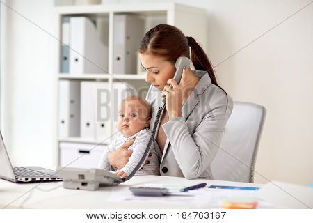 business, motherhood, multi-tasking, family and people concept - businesswoman with baby calling on phone at office