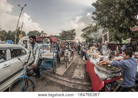 Delhi, India - January 27, 2017: Ordinary Crowdy City Life At Chandni Chowk, Old Delhi, Famous Trave