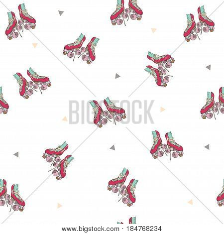 Seamless pattern with pink retro roller skates on white background. Vector hand drawn illustration.