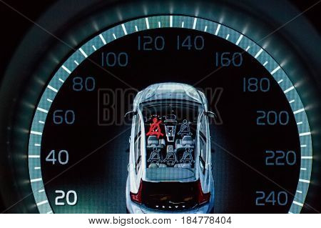 Closeup image of modern electronic spedometer og a car