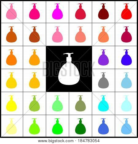 Gel, Foam Or Liquid Soap. Dispenser Pump Plastic Bottle silhouette. Vector. Felt-pen 33 colorful icons at white and black backgrounds. Colorfull.