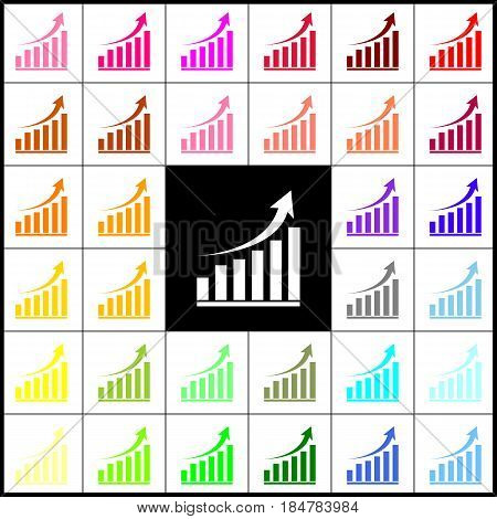 Growing graph sign. Vector. Felt-pen 33 colorful icons at white and black backgrounds. Colorfull.