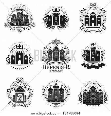 Ancient Castles emblems set. Heraldic Coat of Arms decorative logo isolated vector illustrations collection.
