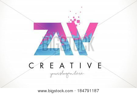 Zw Z W Letter Logo With Shattered Broken Blue Pink Texture Design Vector.