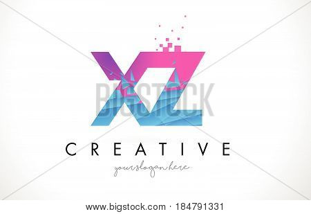 Xz X Z Letter Logo With Shattered Broken Blue Pink Texture Design Vector.