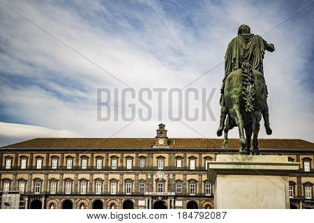 Equestrian Statue outside of the Royal palace of Naples, Italy