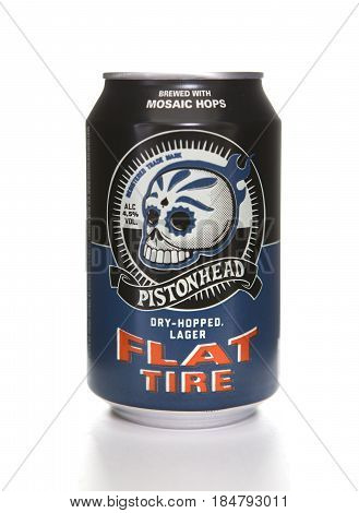 SWINDON UK - APRIL 29 2017: A can of Pistonhead Flat Tire Dry Hopped Lager from the Swedish Spendrups Brygger brewery on a white background