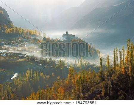 Close Up Of Altit Fort With Surrounding Mist In Hunza Valley In Autumn Season, Karimabad, Gilgit-Baltistan Region Of Pakistan