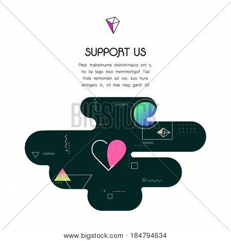 Trendy vector geometric 80-90-style page website template, with donation and support icon and text, to donate for projects and developers